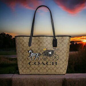 Coach City Tote In Signature Canvas With Halloween Horse And Carriage CM756